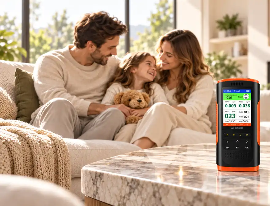 Family relaxing at home with the Formisense formaldehyde detector on the coffee table